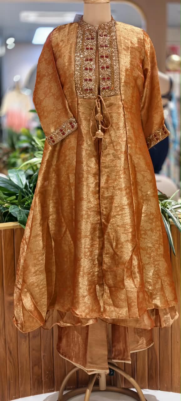 Copper-Gold Embellished Neckline & Cuff Sheer Layered Tissue Kurta Pant Set- 16742