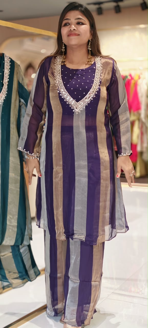 Elegant Yoke-Line Embroidered Outer Kurta With Matching Bustier & Loose Bottom- 16743