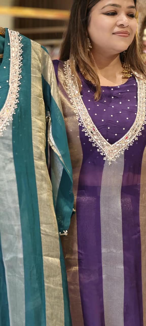 Elegant Yoke-Line Embroidered Outer Kurta With Matching Bustier & Loose Bottom- 16743