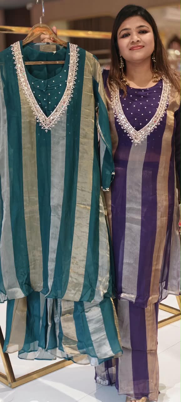 Elegant Yoke-Line Embroidered Outer Kurta With Matching Bustier & Loose Bottom- 16743