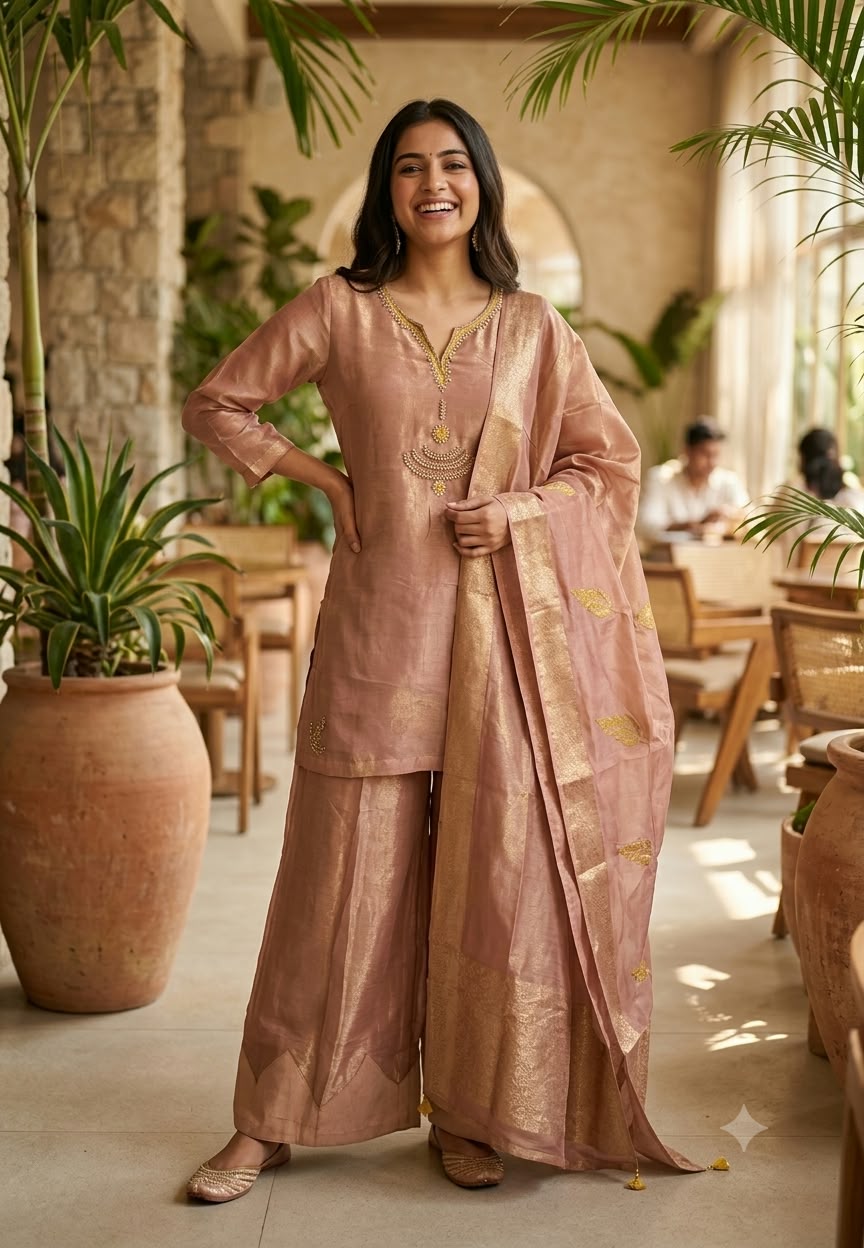 Pearl Kundan Neckline Shimmer Tissue Short Length Kurta With Matching Panel Palazzo Bottom & Dupatta- 16596