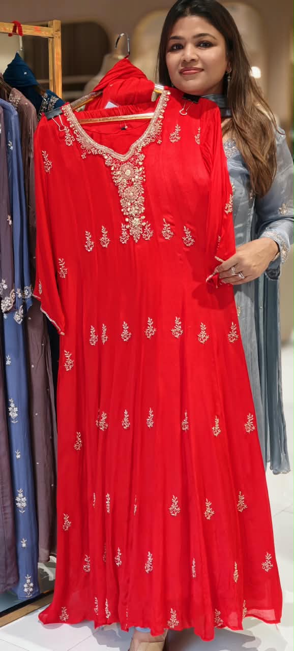 Chinon Party Wear Anarkali Full Suit Set With Dupatta With Elegant Hand Detailing Embroidery- 16669