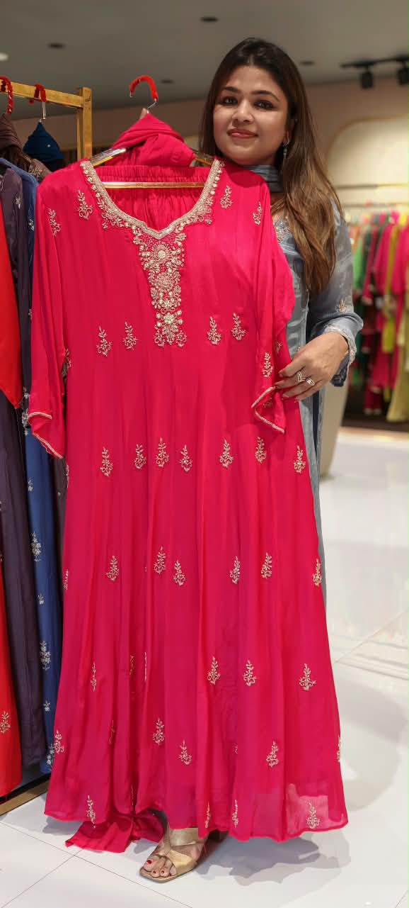 Chinon Party Wear Anarkali Full Suit Set With Dupatta With Elegant Hand Detailing Embroidery- 16669