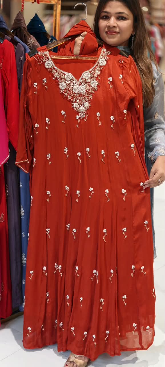 Pearl Embroidery Kali Cut Panel Anarkali Party Wear Full Set with Dupatta in Chinon Fabric- 16668