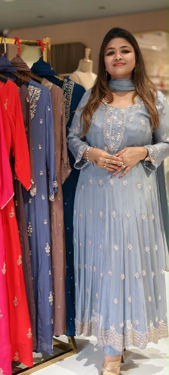 Heavy Beaded Embroidered Chinon Kali Cut Grey Panel Anarkali Full Suit Set With Dupatta- 16667