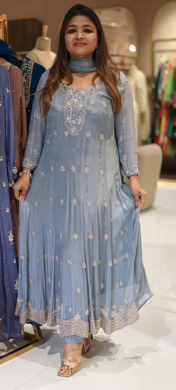 Heavy Beaded Embroidered Chinon Kali Cut Grey Panel Anarkali Full Suit Set With Dupatta- 16667