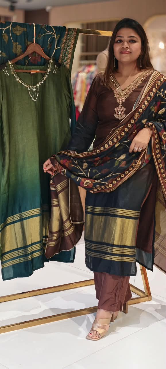 Dual Tone Minimal Embroidery Golden Outlines Russian Silk Full Suit Set With Dupatta- 16715