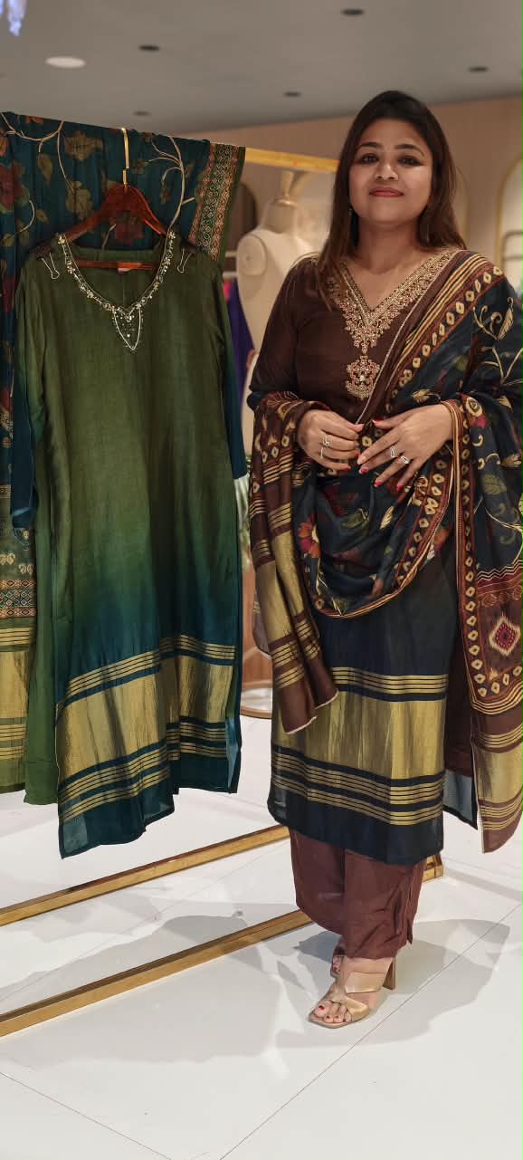 Dual Tone Minimal Embroidery Golden Outlines Russian Silk Full Suit Set With Dupatta- 16715