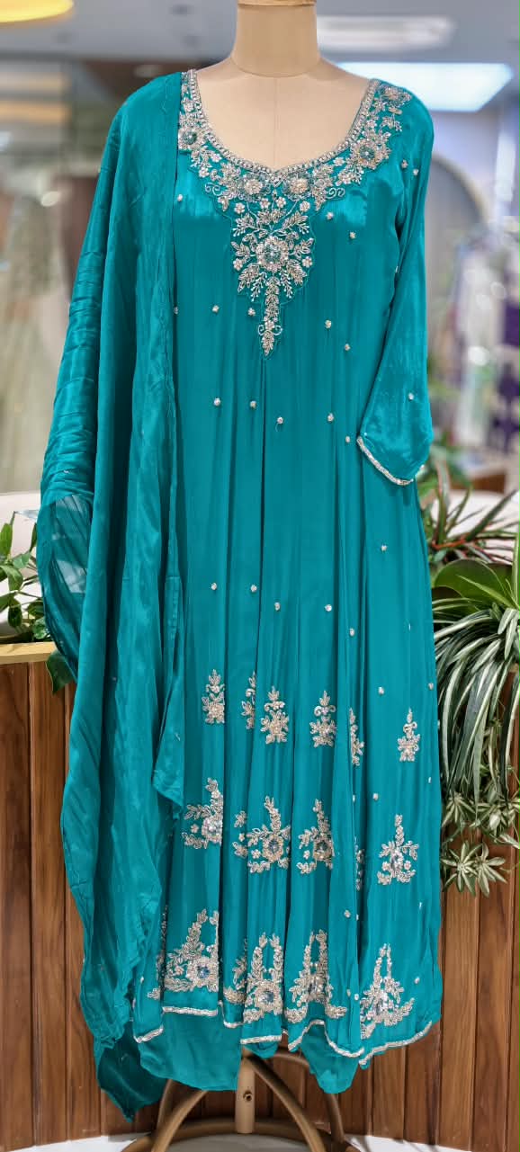 Premium Chinon Anarkali Suit Set with Dupatta & Embellished Neckline In Turquoise Shade-13848