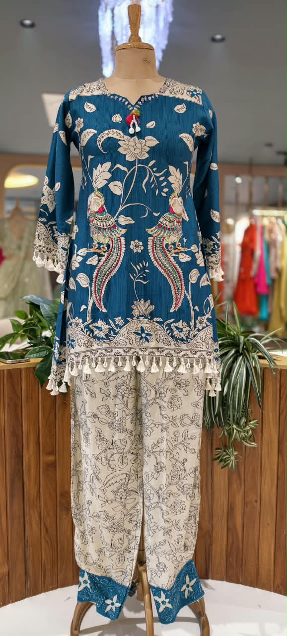 Crush Mulchanderi Kalamkari Print Co-Ord Set with Farshi Bottom- 16740