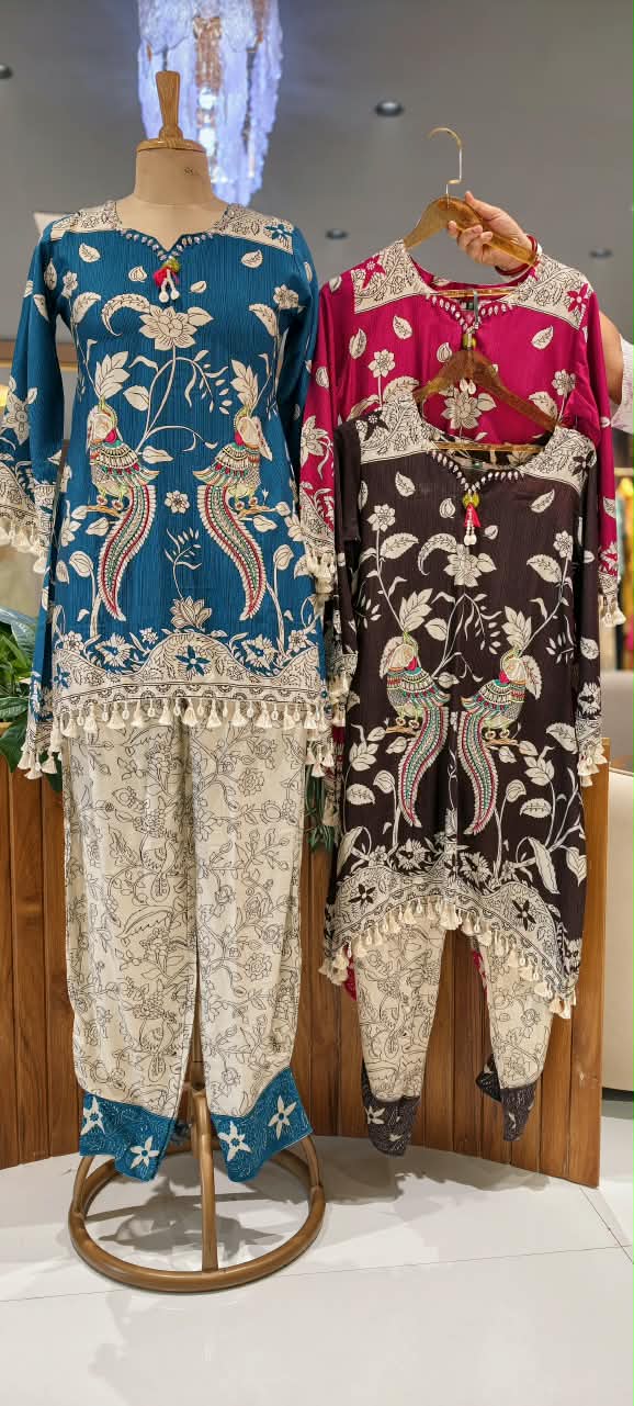 Crush Mulchanderi Kalamkari Print Co-Ord Set with Farshi Bottom- 16740