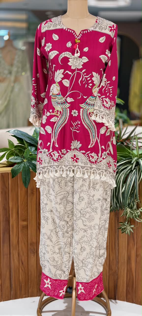Crush Mulchanderi Kalamkari Print Co-Ord Set with Farshi Bottom- 16740
