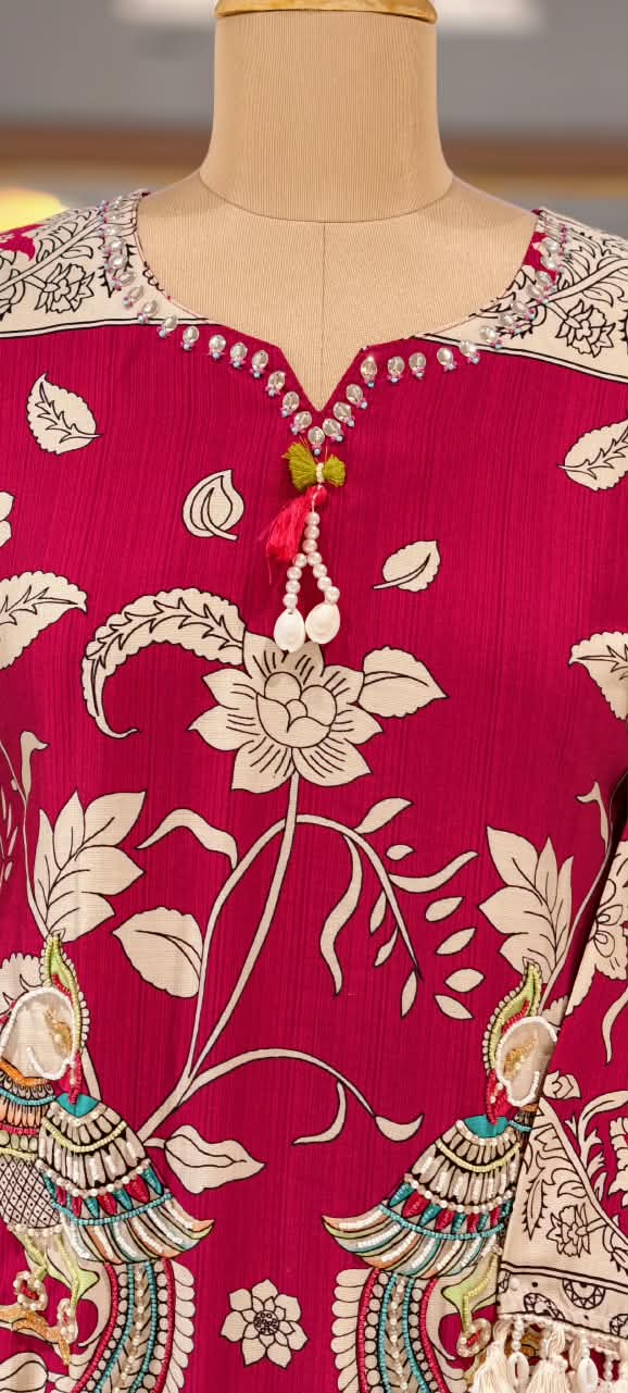 Crush Mulchanderi Kalamkari Print Co-Ord Set with Farshi Bottom- 16740