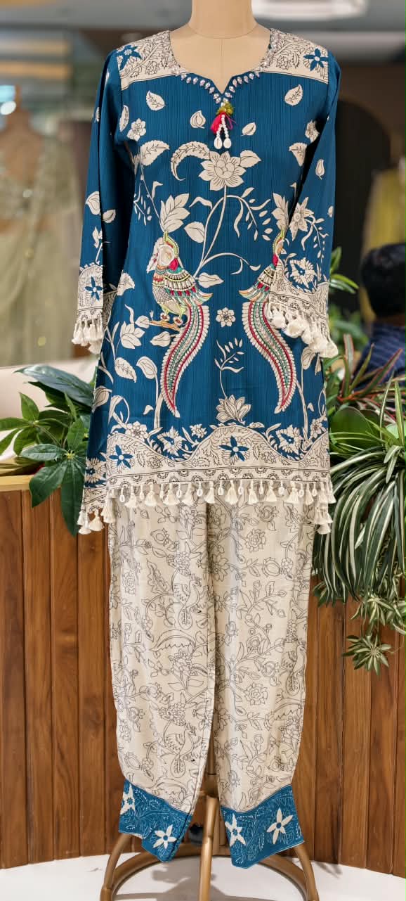 Crush Mulchanderi Kalamkari Print Co-Ord Set with Farshi Bottom- 16740