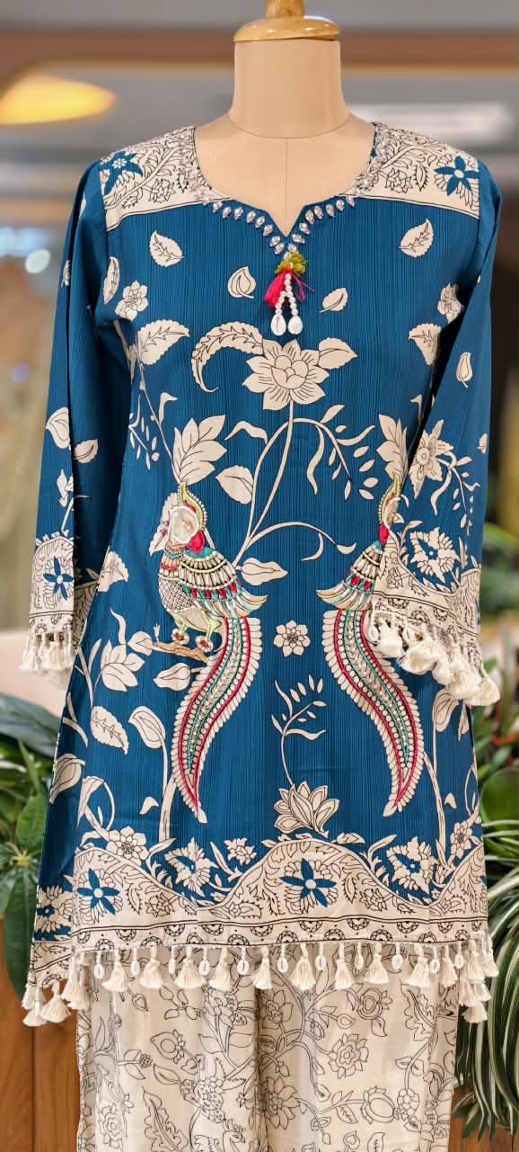 Crush Mulchanderi Kalamkari Print Co-Ord Set with Farshi Bottom- 16740