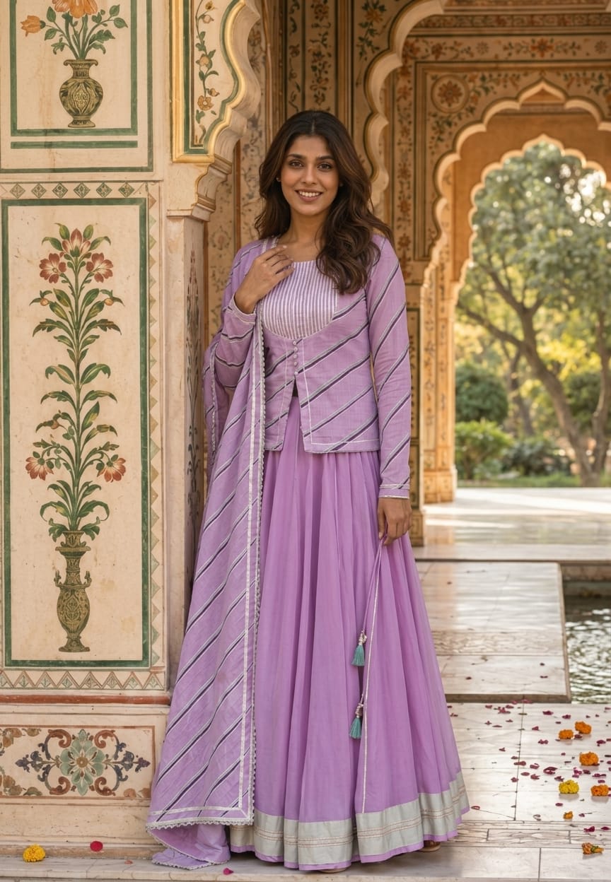 Festive Grace Leheriya Prints Gotta Patti Highlights Kota Doria Classic Front Slitted Kurta With Flared Contrasted Bottom & Dupatta- 16755