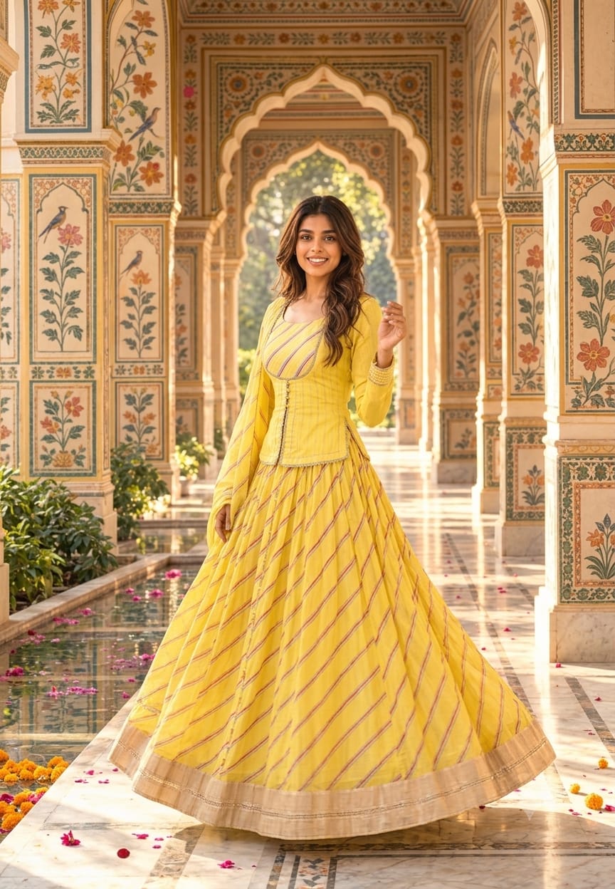 Festive Grace Leheriya Prints Gotta Patti Highlights Kota Doria Classic Front Slitted Kurta With Flared Contrasted Bottom & Dupatta- 16755