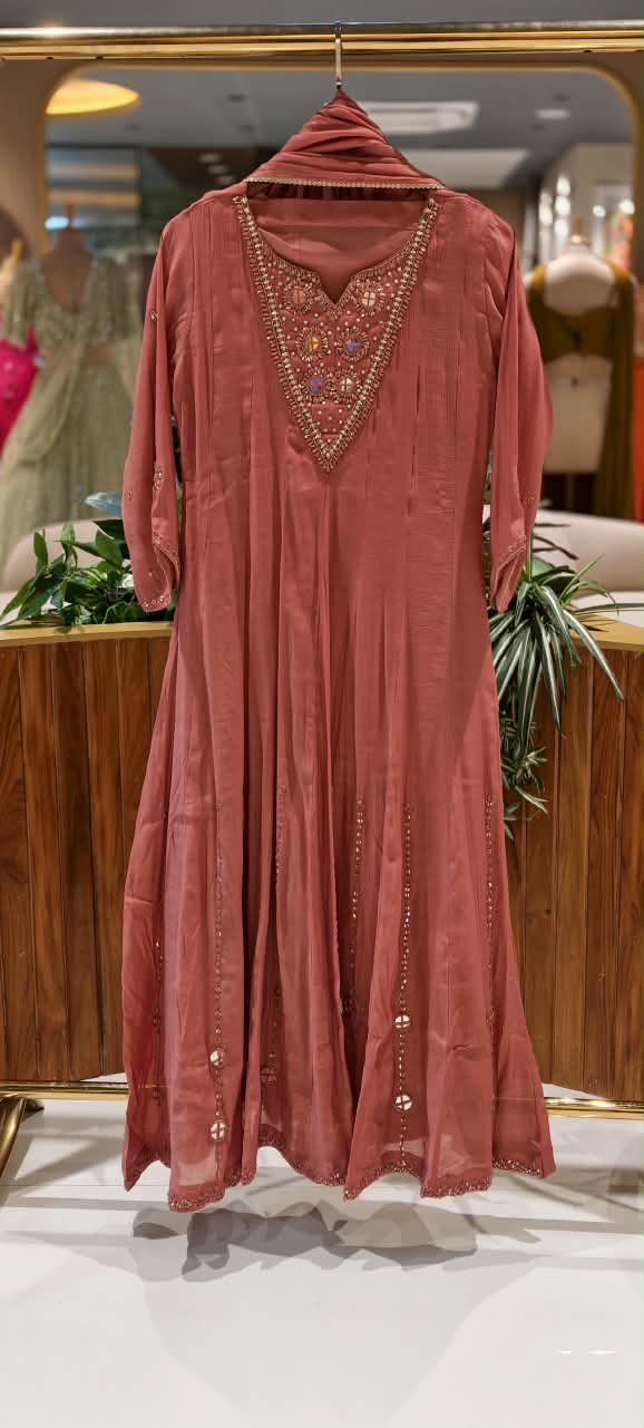 Embroidered Heavy Intricate Real Mirror Panel Mul-Chanderi Anarkali Full Suit Set With Dupatta- 16773