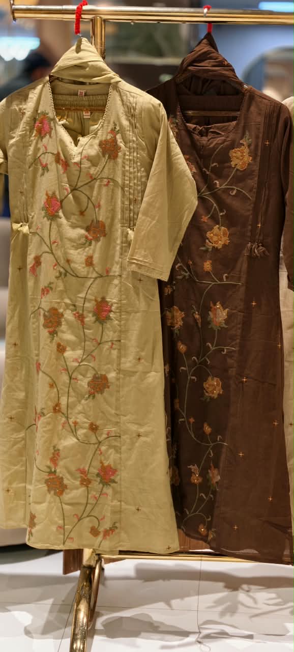 Cotton Full Set with Floral Thread Cross Stitch Detailing,Tassel Accents & Matching Dupatta-16789