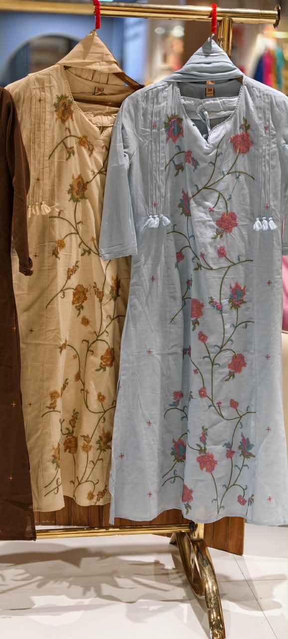 Cotton Full Set with Floral Thread Cross Stitch Detailing,Tassel Accents & Matching Dupatta-16789