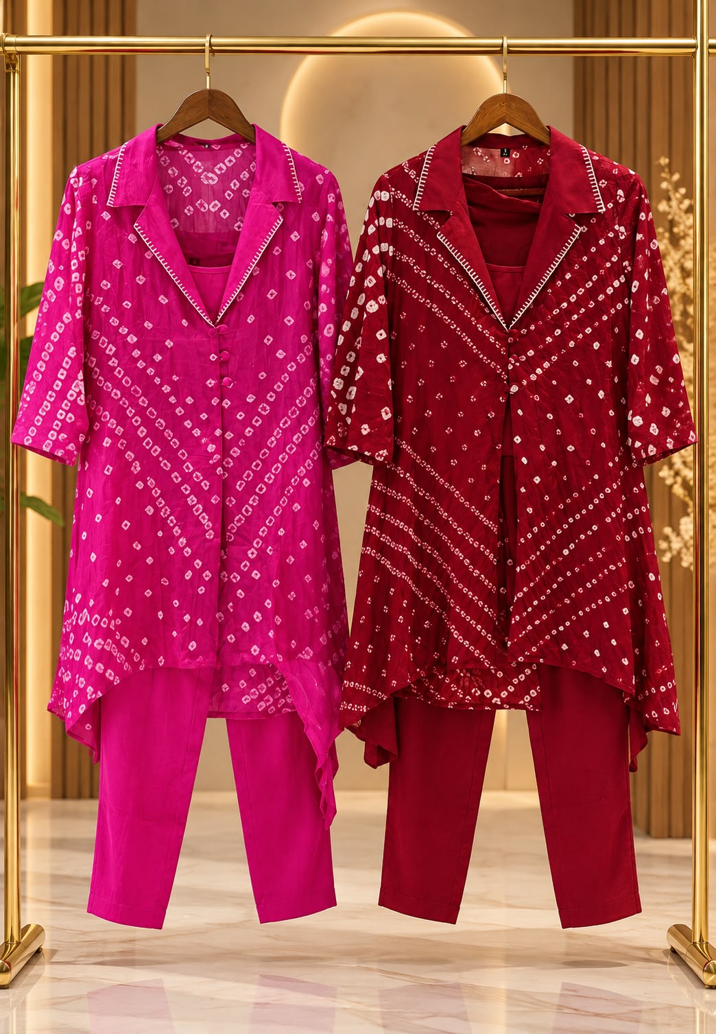 Premium Muslin Fabric Fuschia Glow Bandhani Bustier & Jacket Style Co-Ord Set- 16724
