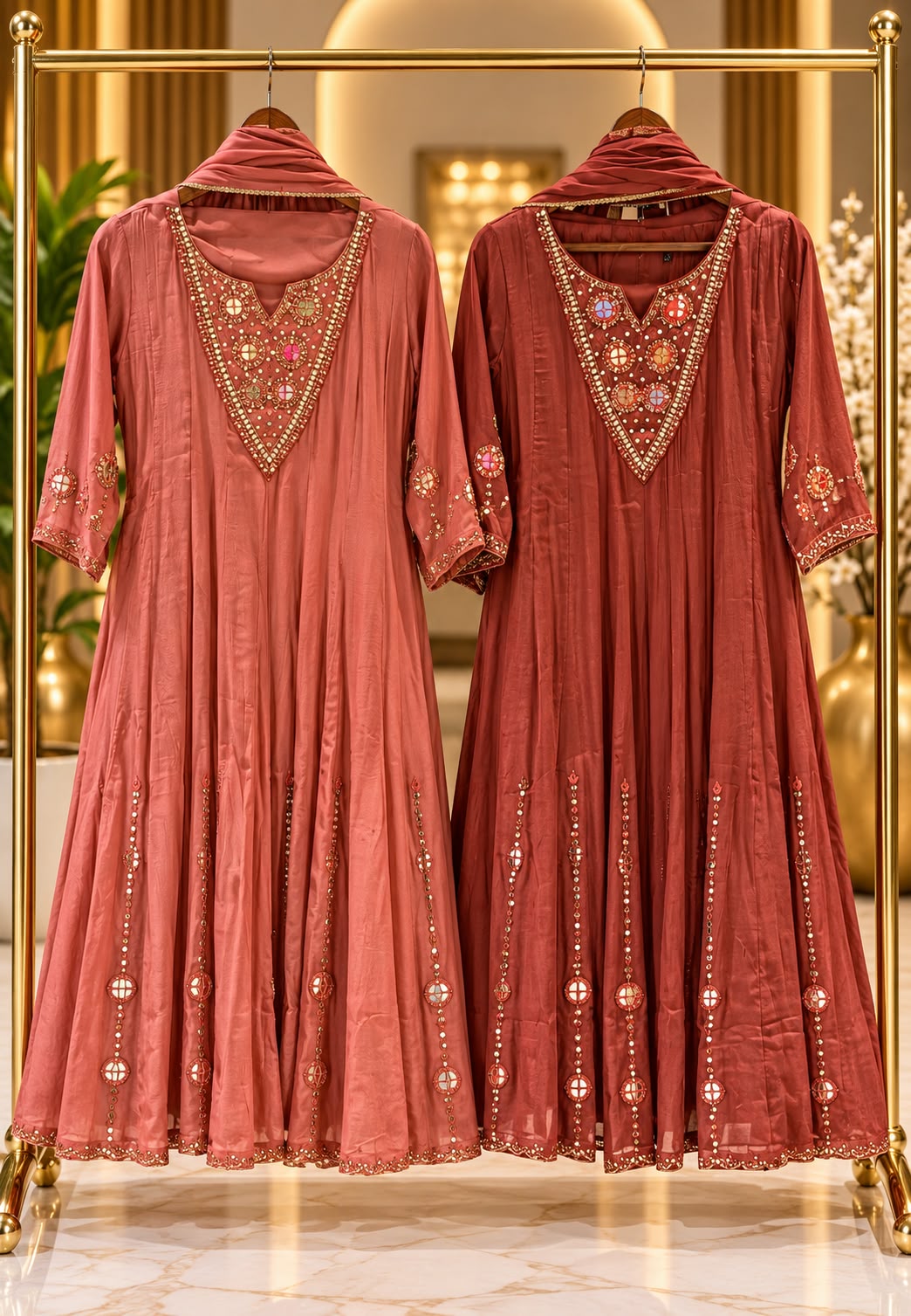 Embroidered Heavy Intricate Real Mirror Panel Mul-Chanderi Anarkali Full Suit Set With Dupatta- 16773