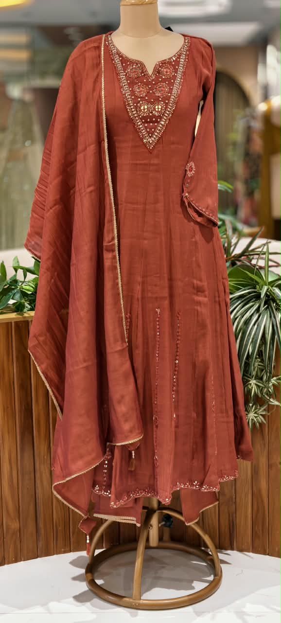Embroidered Heavy Intricate Real Mirror Panel Mul-Chanderi Anarkali Full Suit Set With Dupatta- 16773