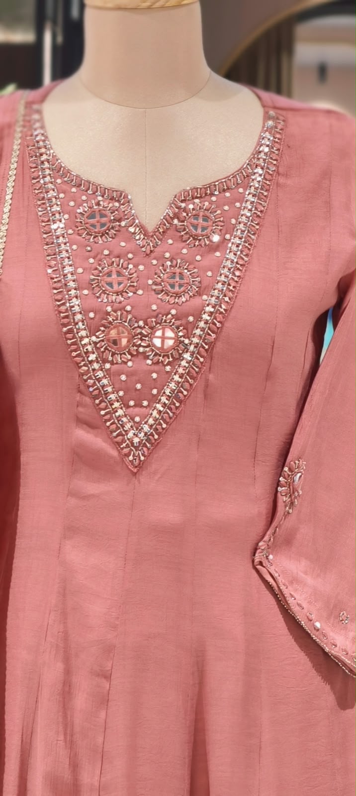 Embroidered Heavy Intricate Real Mirror Panel Mul-Chanderi Anarkali Full Suit Set With Dupatta- 16773