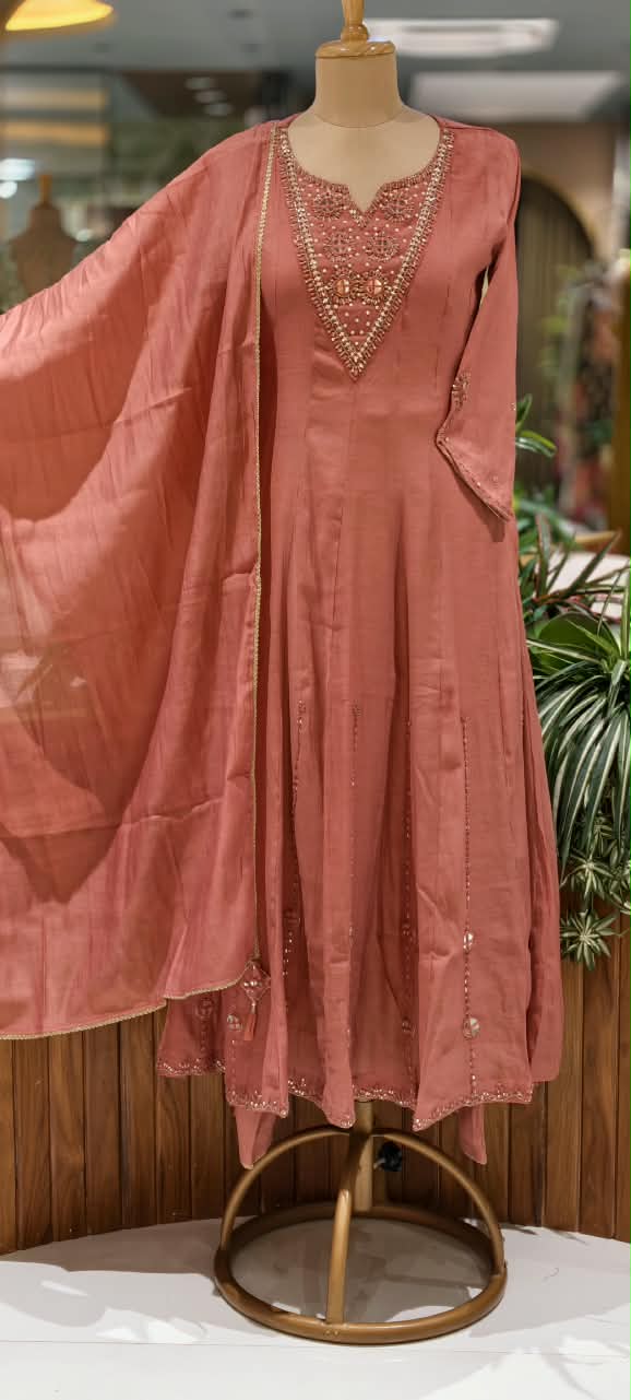 Embroidered Heavy Intricate Real Mirror Panel Mul-Chanderi Anarkali Full Suit Set With Dupatta- 16773