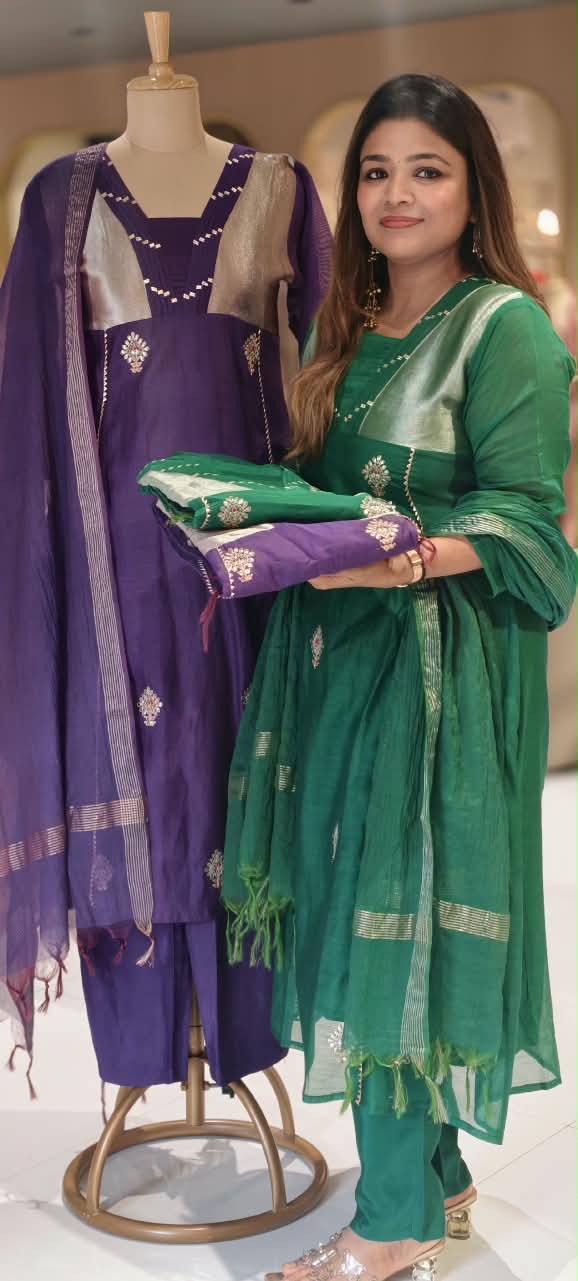 Pure Banarasi Mul-Chanderi With Golden Tissue Touch Aline Full Suit Set With Dupatta- 16775