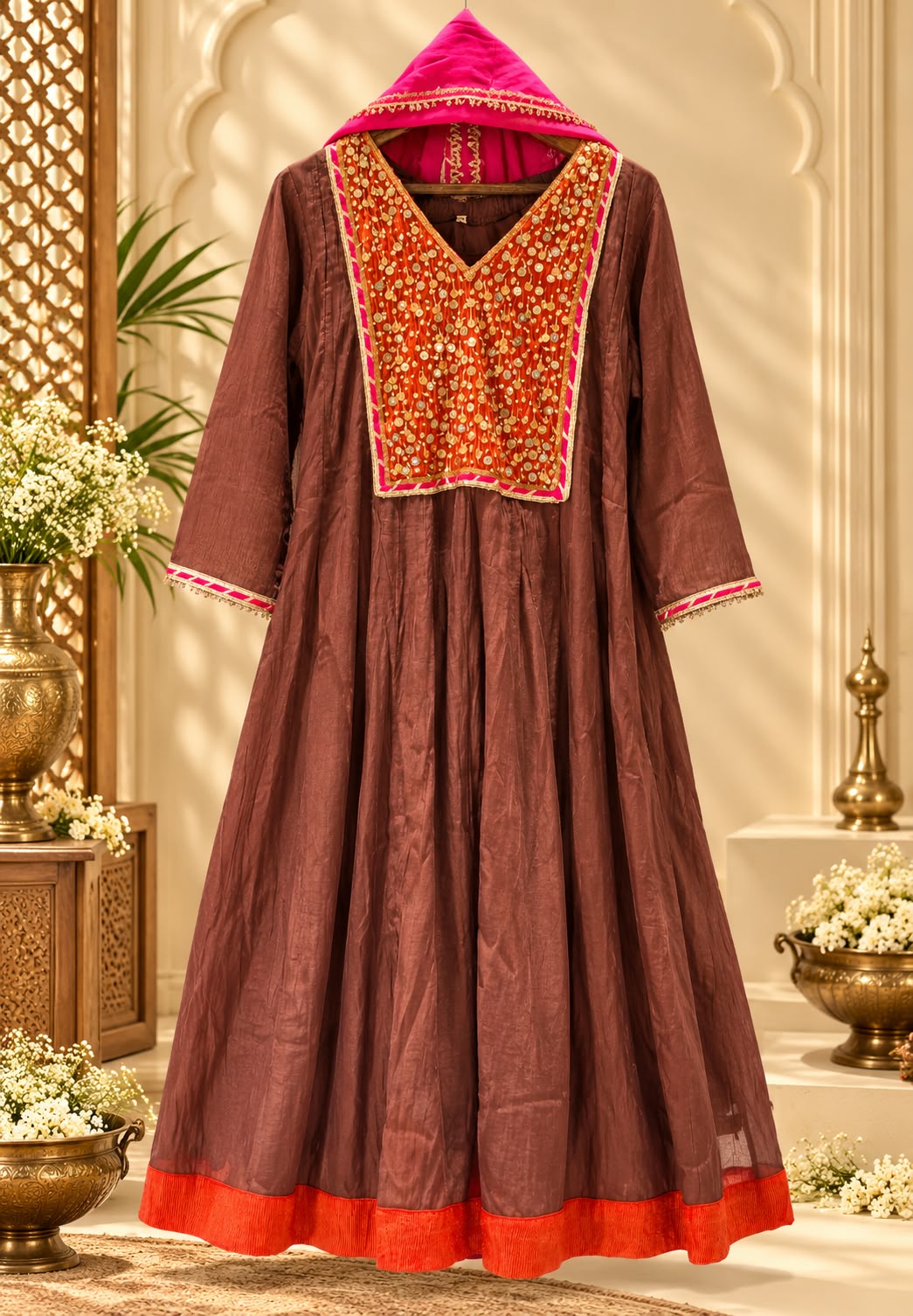 Heavy Golden Sequin Touch Boxed Yoke Mul-Chanderi Anarkali Full Suit Set With Dupatta- 16810
