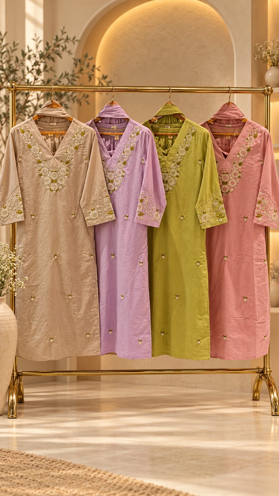 Pastel Cotton Full Suit Set with Elegant White Floral Embroidery, V-Neck Detailing & Delicate Green Leaf Accents- 16786