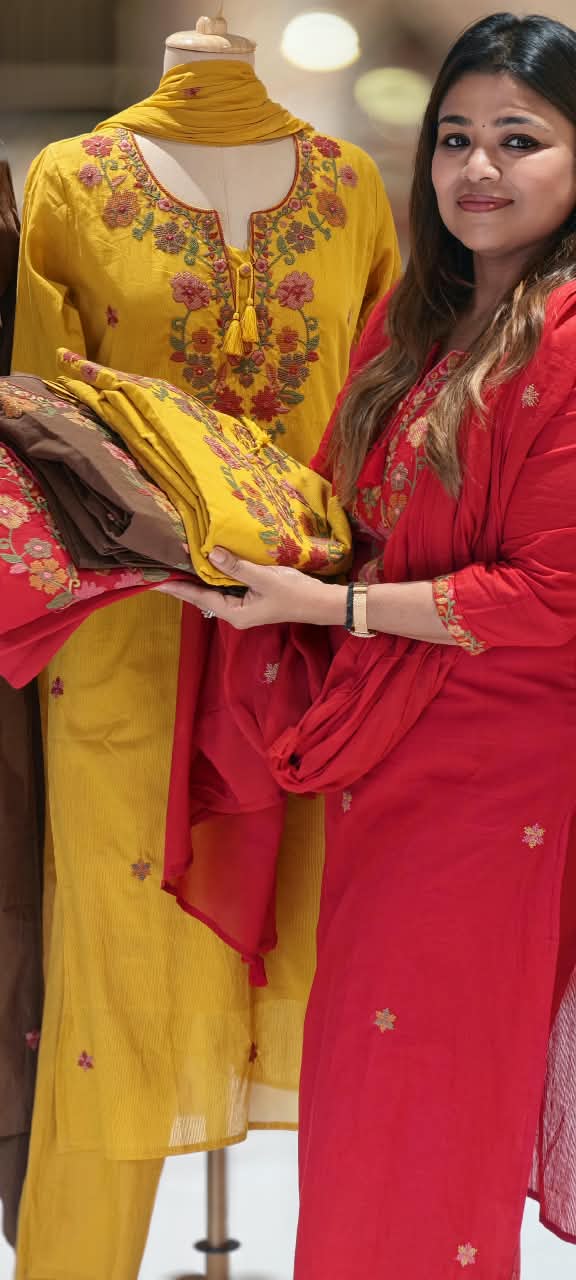 Floral Embroidery, Round Neckline, Decorative Tassel Tie-Up Detailing Full Suit Set With Dupatta- 16787