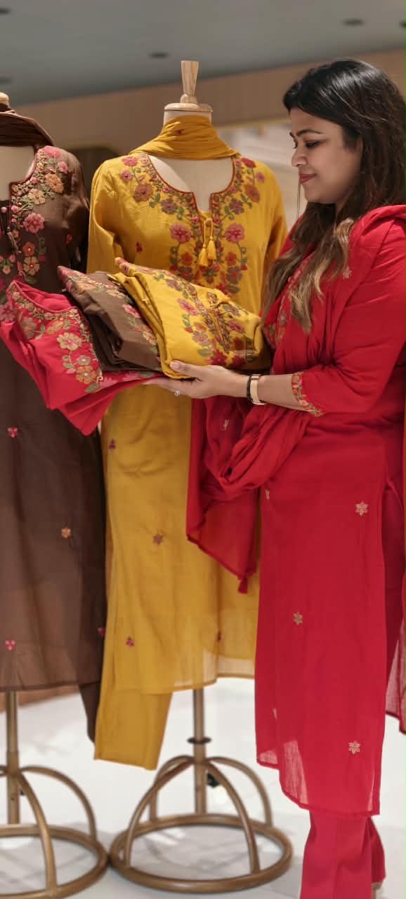 Floral Embroidery, Round Neckline, Decorative Tassel Tie-Up Detailing Full Suit Set With Dupatta- 16787