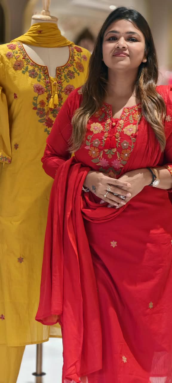 Floral Embroidery, Round Neckline, Decorative Tassel Tie-Up Detailing Full Suit Set With Dupatta- 16787