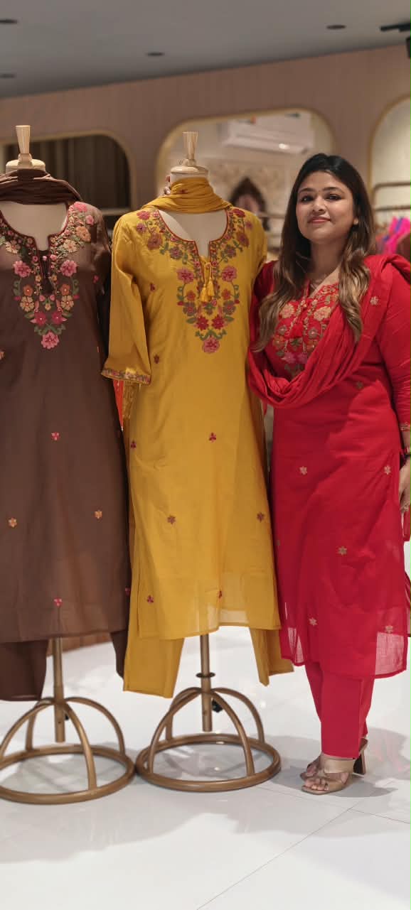 Floral Embroidery, Round Neckline, Decorative Tassel Tie-Up Detailing Full Suit Set With Dupatta- 16787