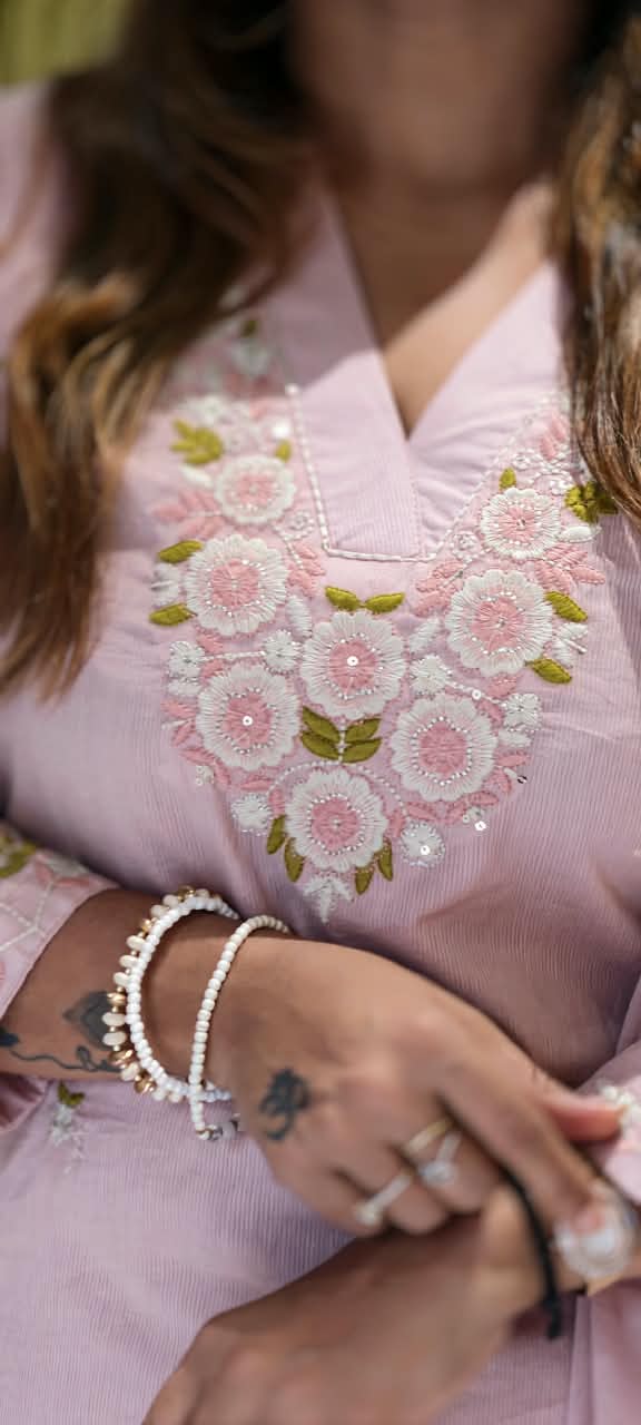 Pastel Cotton Full Suit Set with Elegant White Floral Embroidery, V-Neck Detailing & Delicate Green Leaf Accents- 16786