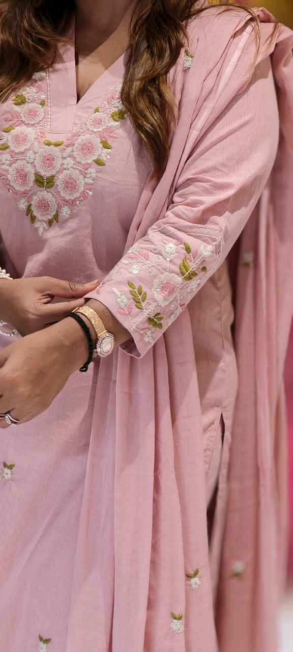 Pastel Cotton Full Suit Set with Elegant White Floral Embroidery, V-Neck Detailing & Delicate Green Leaf Accents- 16786
