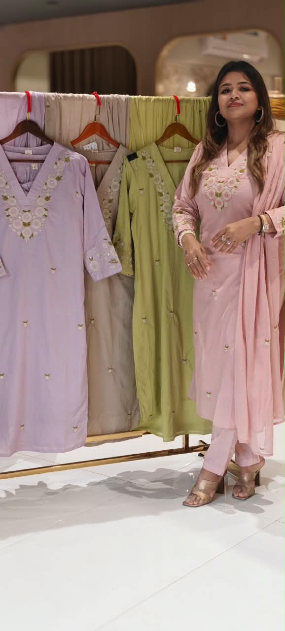 Pastel Cotton Full Suit Set with Elegant White Floral Embroidery, V-Neck Detailing & Delicate Green Leaf Accents- 16786