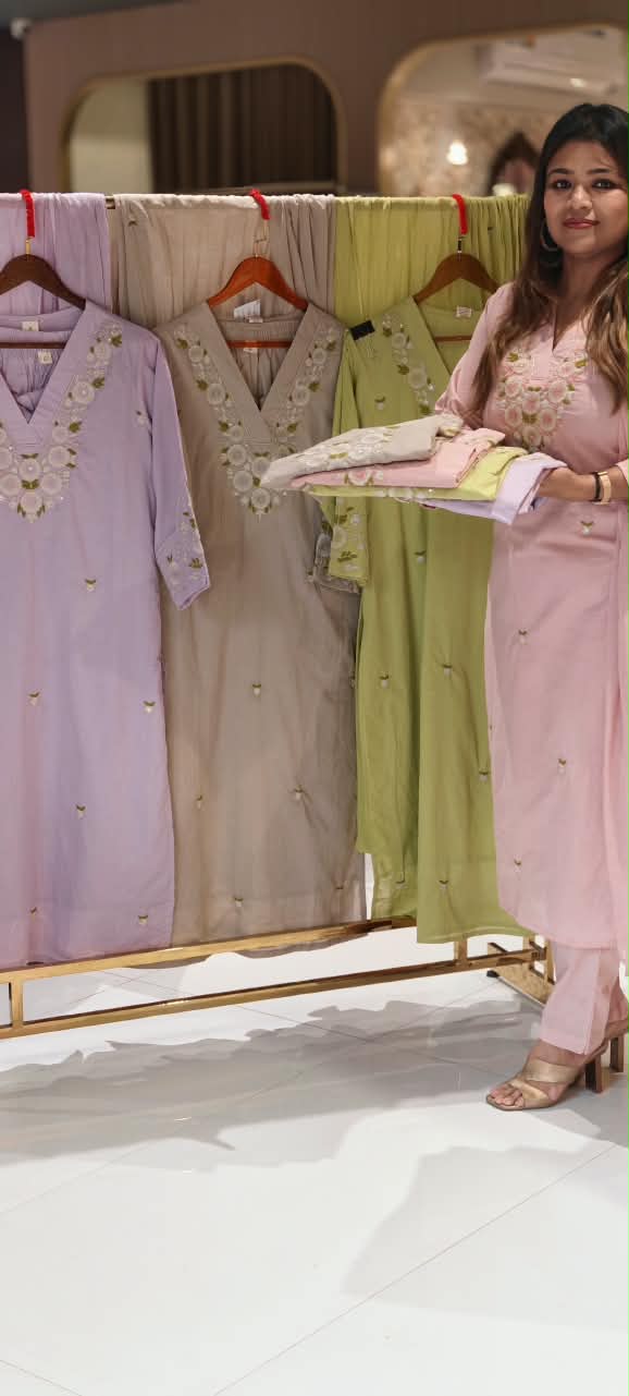 Pastel Cotton Full Suit Set with Elegant White Floral Embroidery, V-Neck Detailing & Delicate Green Leaf Accents- 16786