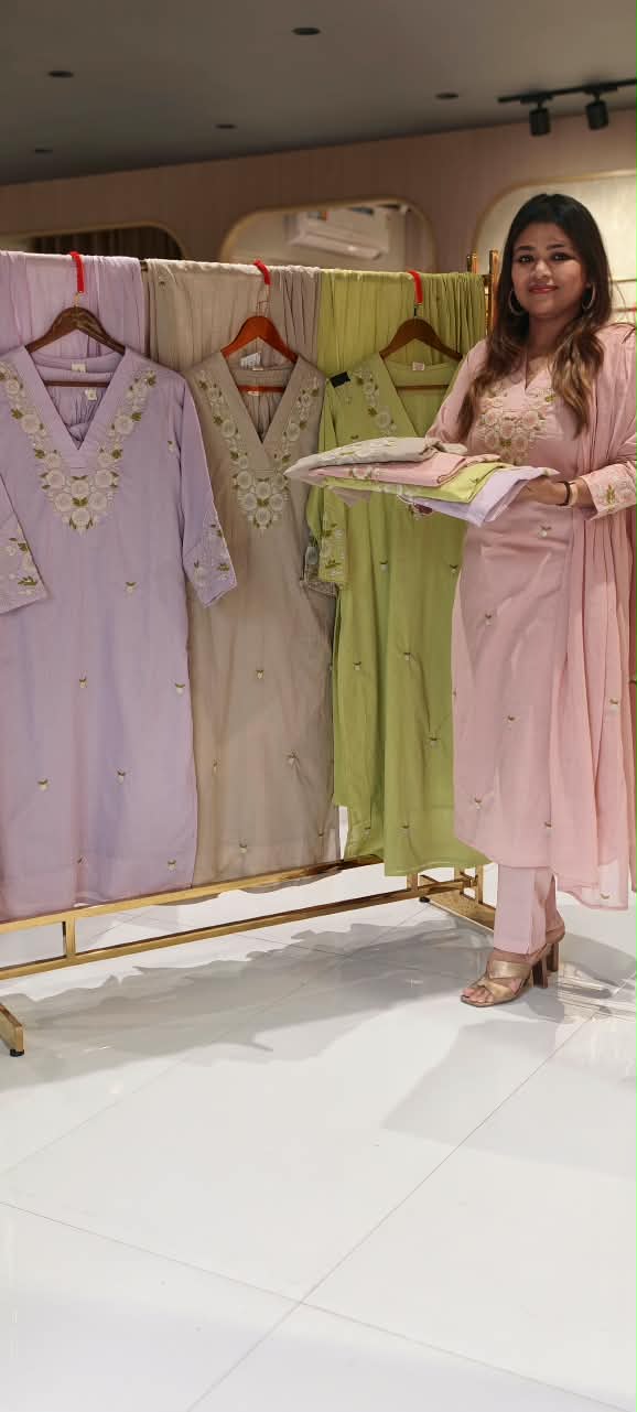 Pastel Cotton Full Suit Set with Elegant White Floral Embroidery, V-Neck Detailing & Delicate Green Leaf Accents- 16786