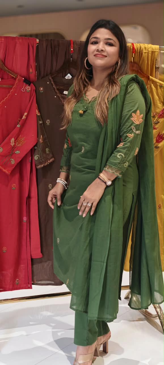 Cotton Full Suit Set with Floral Embroidery V-Neck Detailing & Tassel Accent- 16788