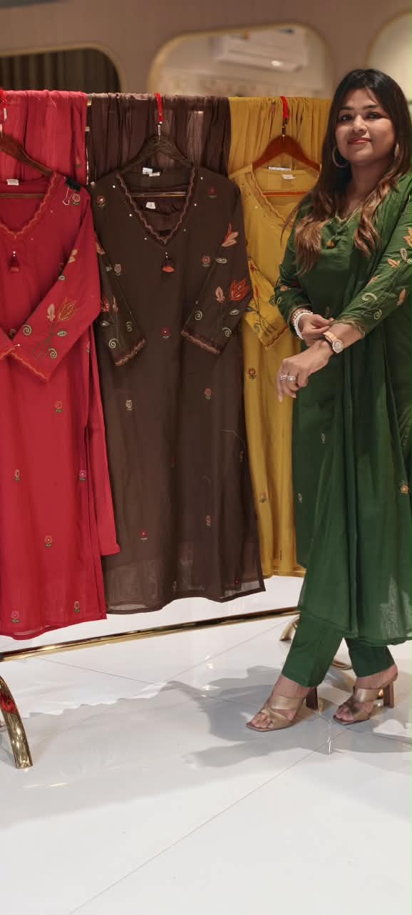 Cotton Full Suit Set with Floral Embroidery V-Neck Detailing & Tassel Accent- 16788