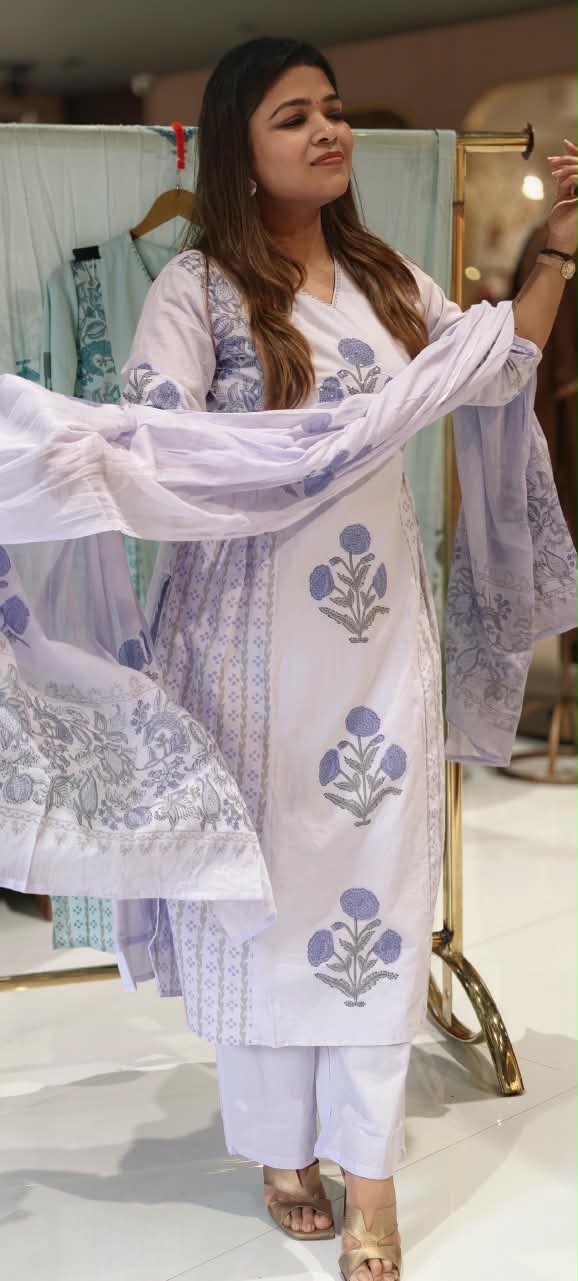 V-Neck Premium Cotton Floral Print Side Frills A-line Full Suit Set with Dupatta- 16792