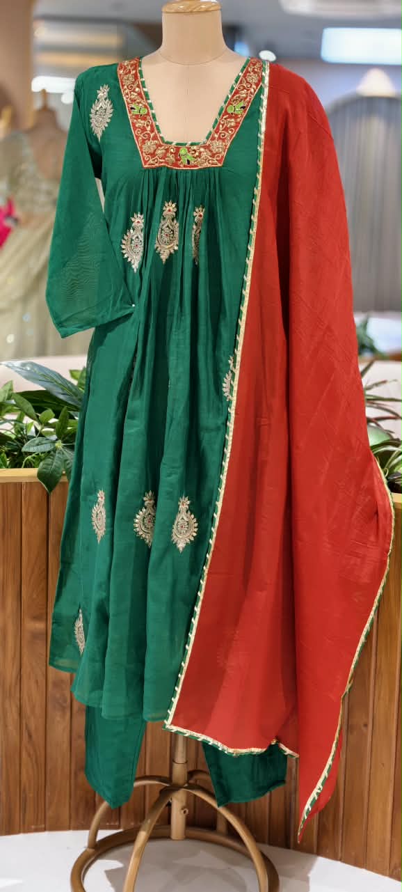 Morni Rich Zardosi Embroidery Work Festive Chic Banarasi Mul-Chanderi A-Line Full Suit Set With Dupatta- 16782