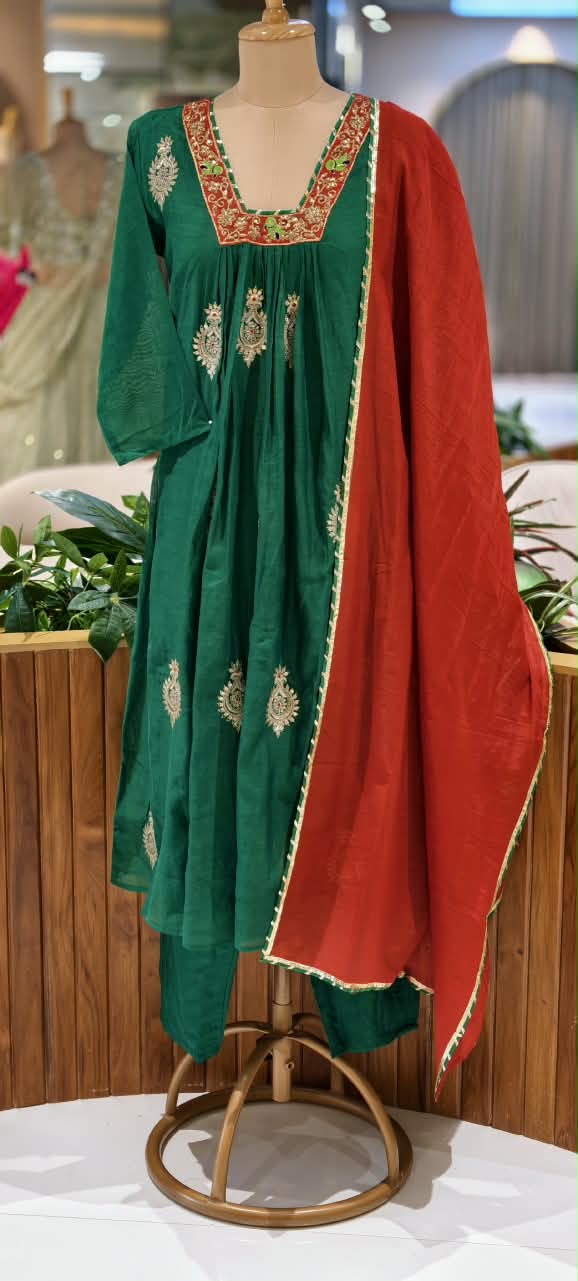 Morni Rich Zardosi Embroidery Work Festive Chic Banarasi Mul-Chanderi A-Line Full Suit Set With Dupatta- 16782