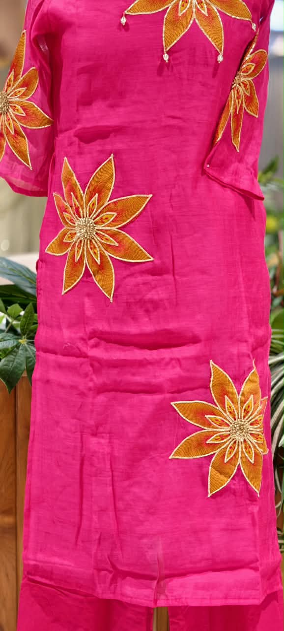 HD Giant Floral Embroidery Surat Mul-Chanderi Vibrant Full Suit Set With Dupatta- 16809