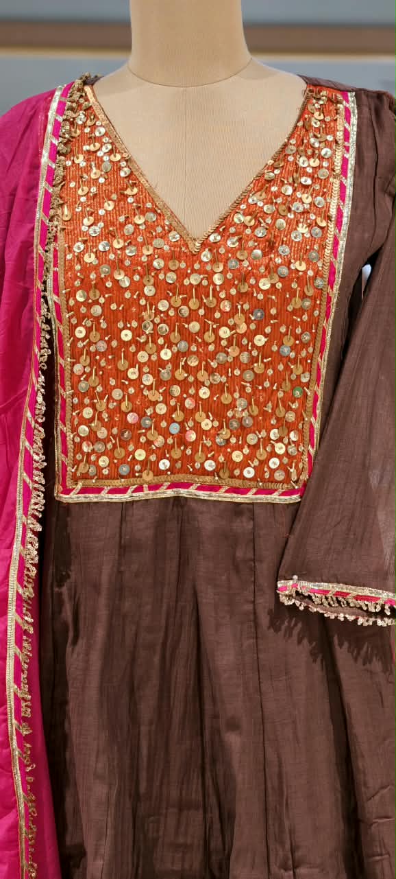 Heavy Golden Sequin Touch Boxed Yoke Mul-Chanderi Anarkali Full Suit Set With Dupatta- 16810