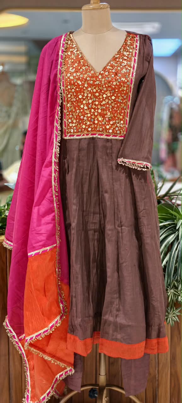 Heavy Golden Sequin Touch Boxed Yoke Mul-Chanderi Anarkali Full Suit Set With Dupatta- 16810