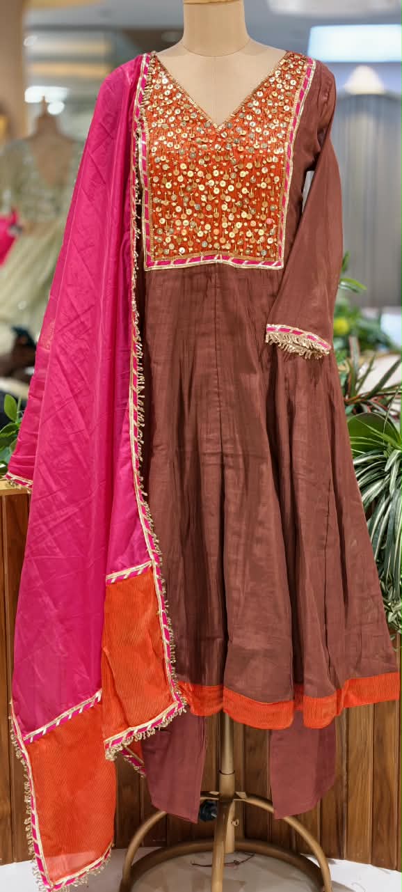 Heavy Golden Sequin Touch Boxed Yoke Mul-Chanderi Anarkali Full Suit Set With Dupatta- 16810